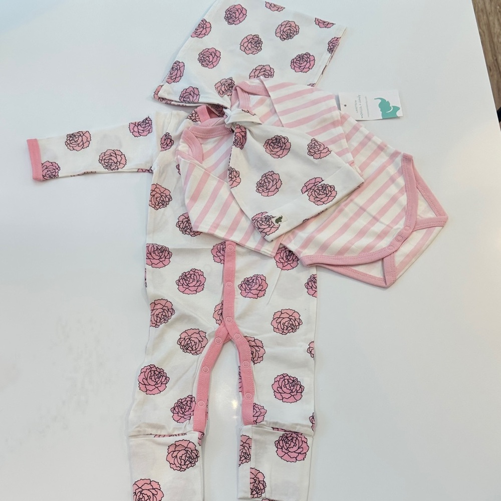 Monica + Andy Flower Power Baby Gift Bundle Set 3-6M Pink Floral Stripe Organic